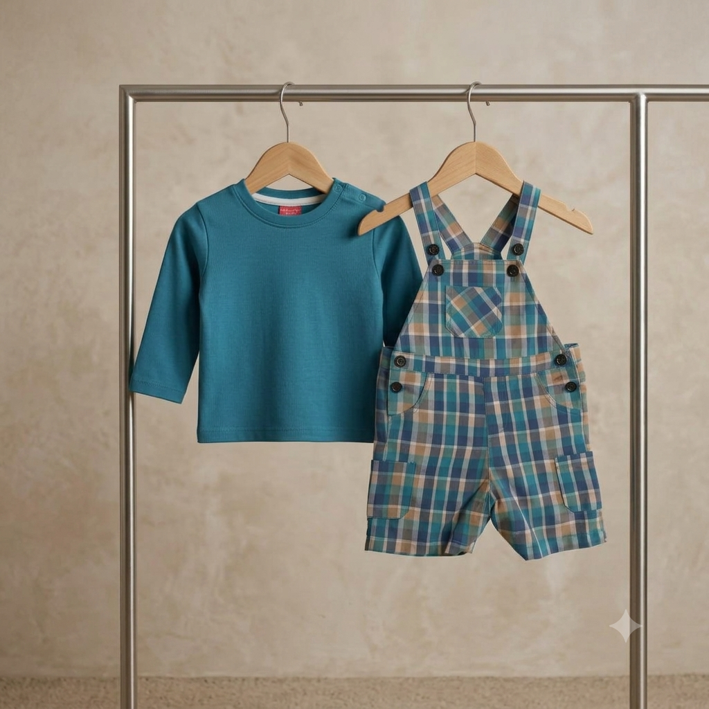 The Mason Plaid Overall Teal Long-Sleeve Two-Piece Set