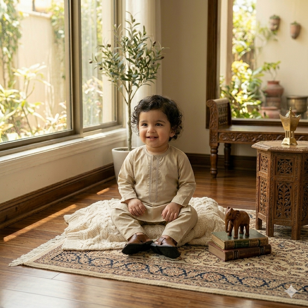 Kids' Beige Cotton Kurta Pyjama Set | Embroidered Ethnic Wear