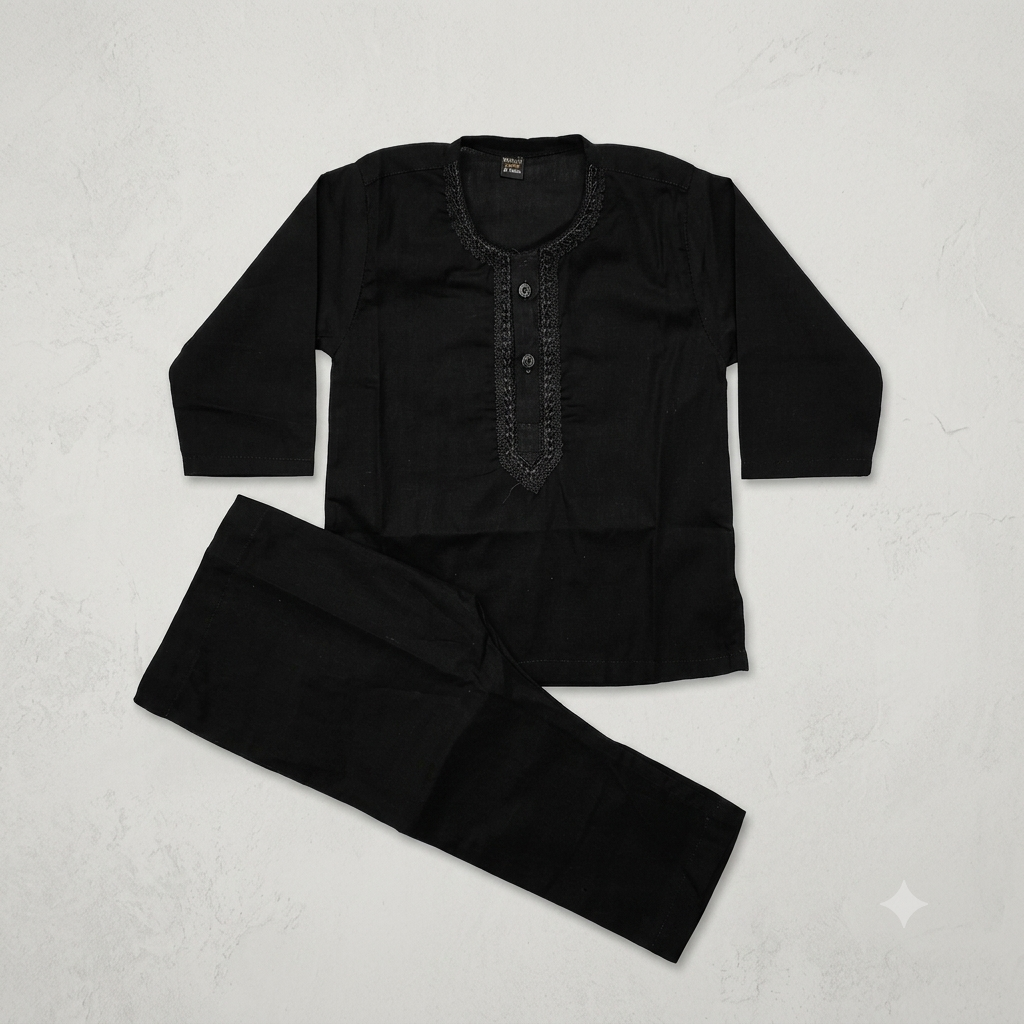 Kids' Jet Black Cotton Kurta Pyjama Set | Embroidered Ethnic Wear