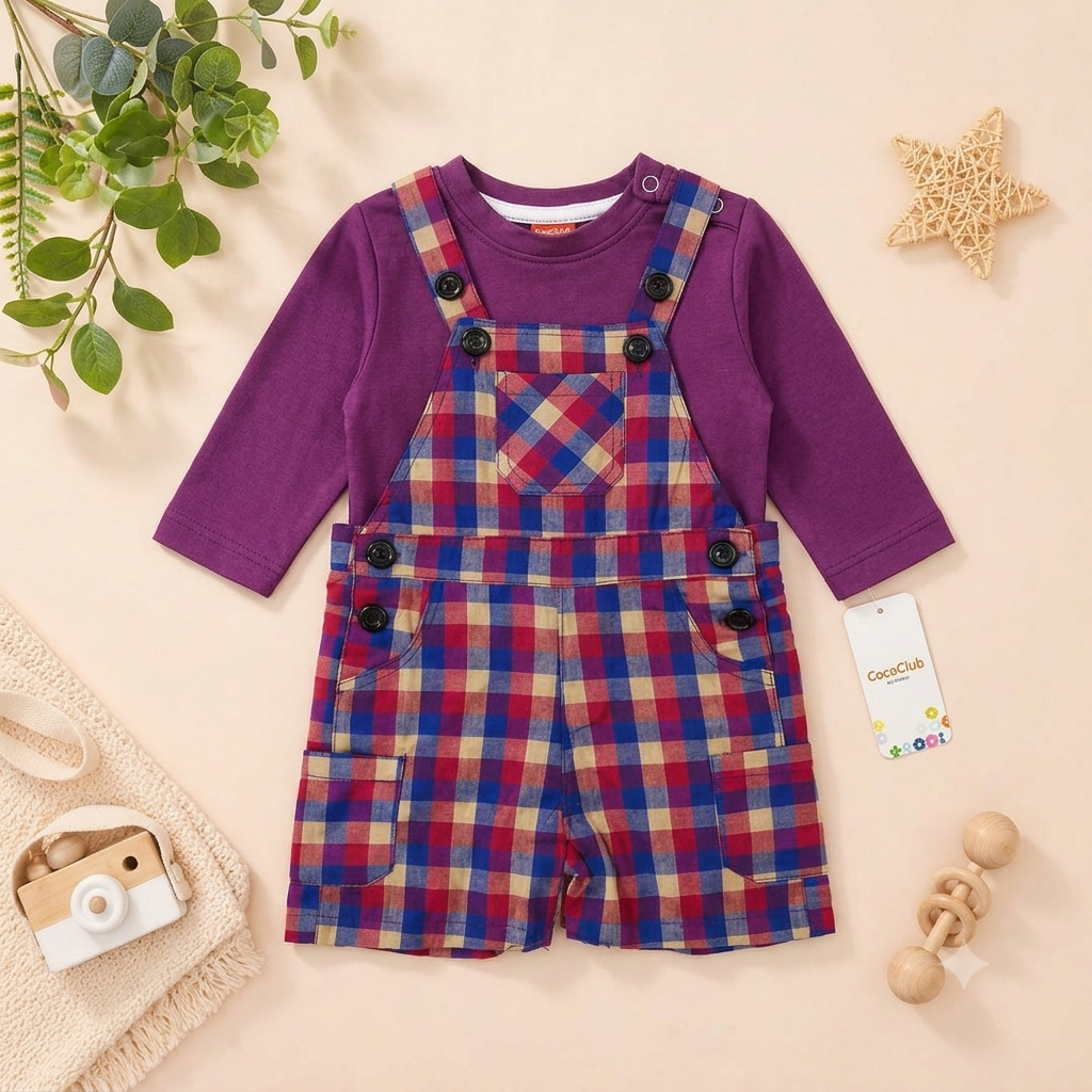 The Mason Plaid Overalls and Plum Crewneck Two-Piece Set