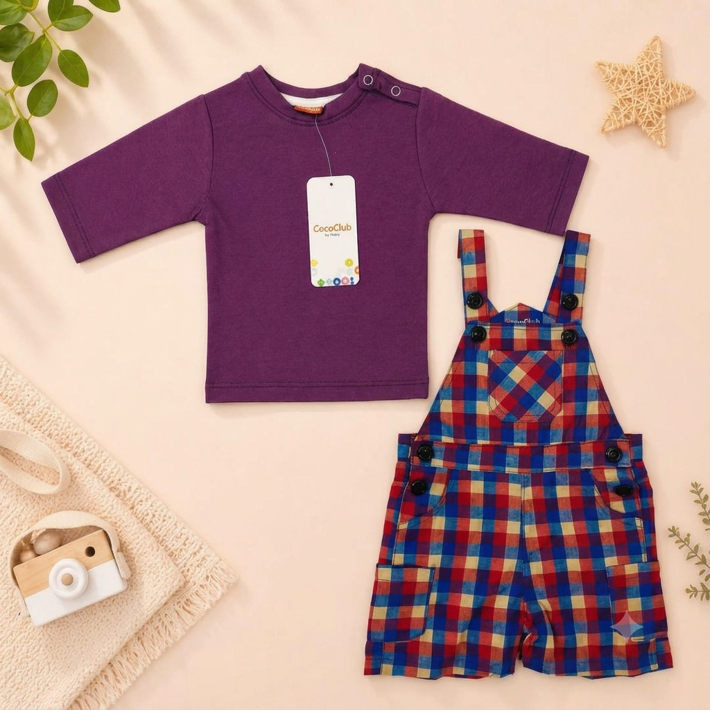 The Mason Plaid Overalls and Plum Crewneck Two-Piece Set
