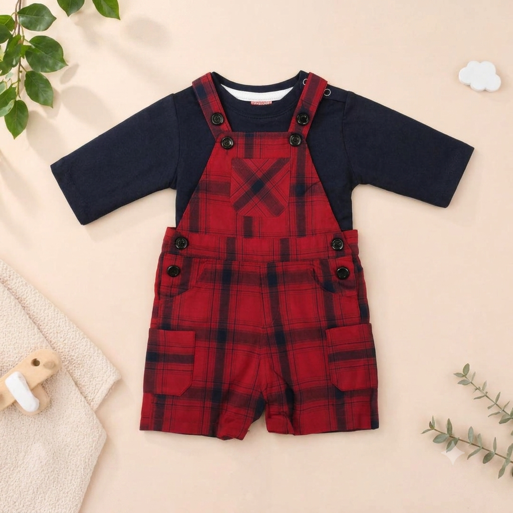 The Mason Plaid Overalls & Navy Crewneck Two-Piece Set
