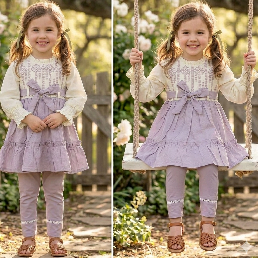Girls' Premium Soft Cotton Embroidered Frock & Trouser Set