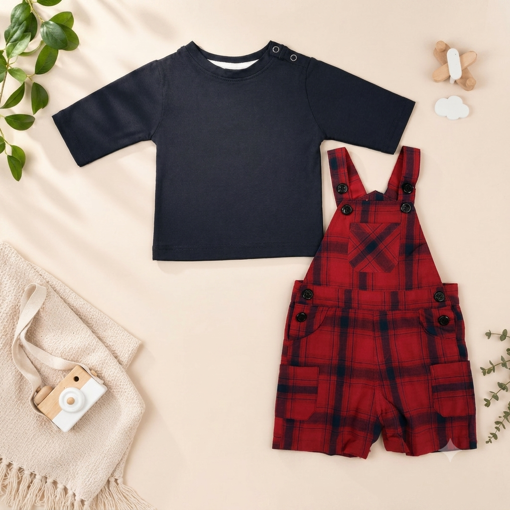 The Mason Plaid Overalls & Navy Crewneck Two-Piece Set