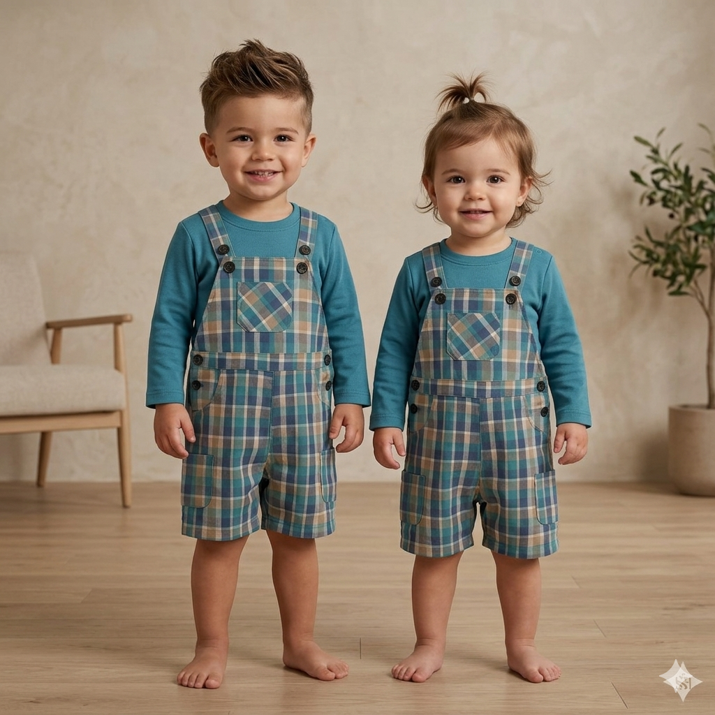 The Mason Plaid Overall Teal Long-Sleeve Two-Piece Set