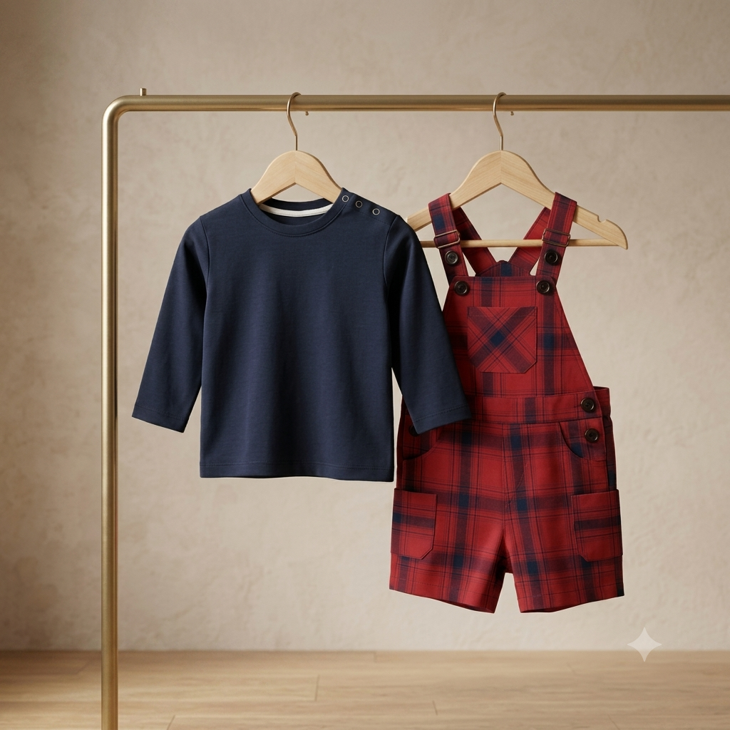 The Mason Plaid Overalls & Navy Crewneck Two-Piece Set