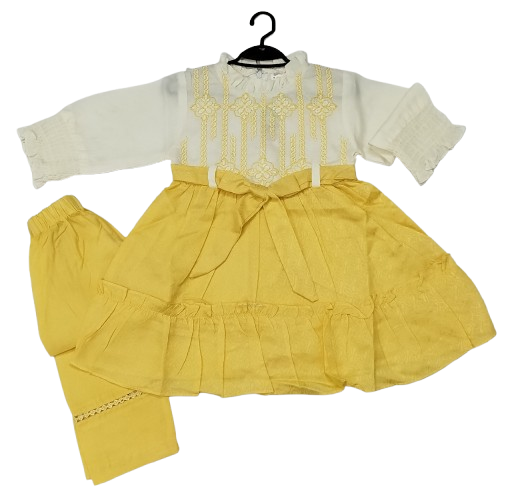 Girls' Premium Soft Cotton Embroidered Frock & Trouser Set