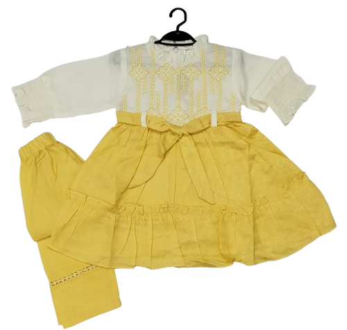 Girls' Premium Soft Cotton Embroidered Frock & Trouser Set