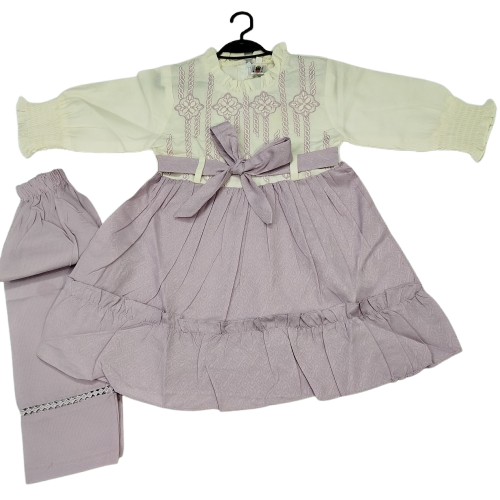 Girls' Premium Soft Cotton Embroidered Frock & Trouser Set