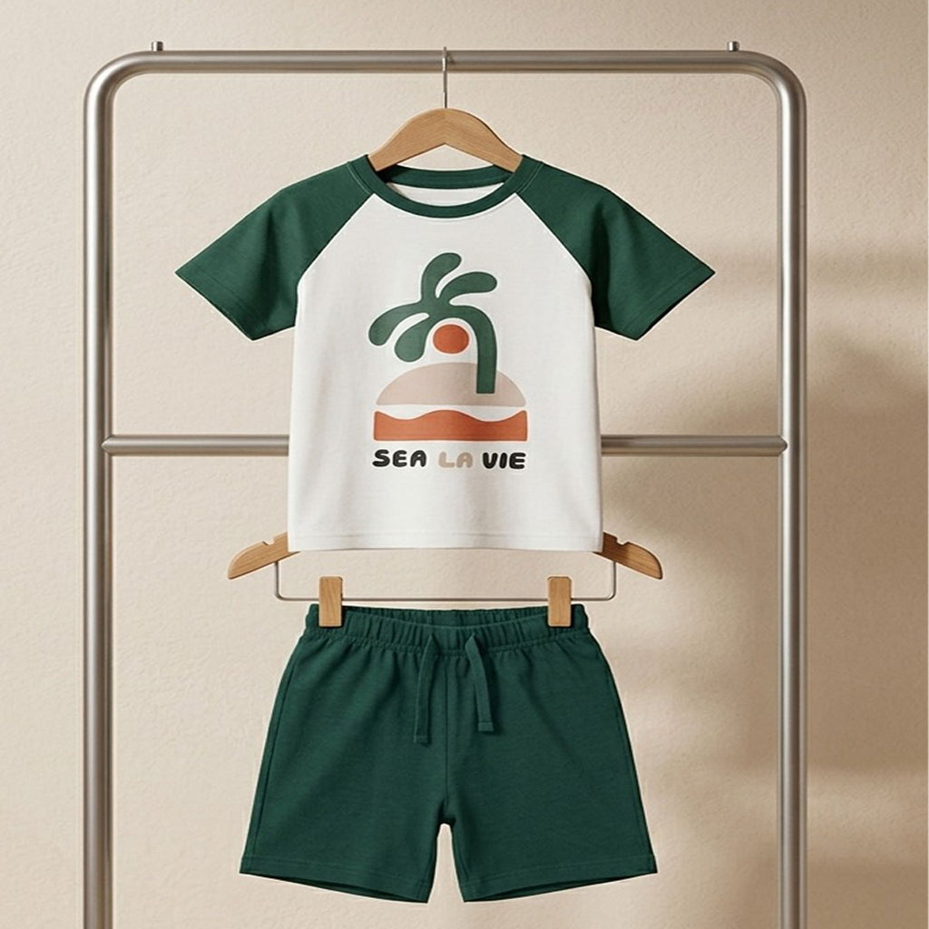 Kids' "Sea La Vie" Raglan T-Shirt & Shorts Set – Forest Green & White