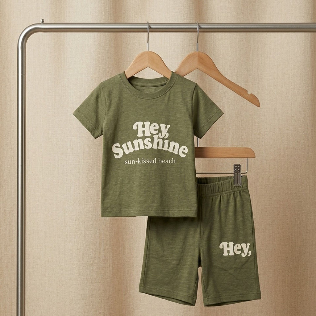 Kids' "Hey Sunshine" Slub Cotton T-Shirt & Shorts Set – Olive Green