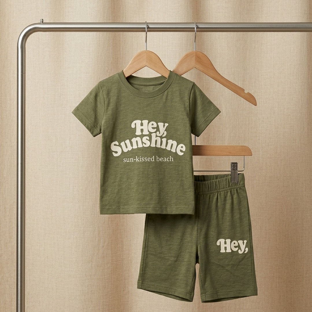 Kids' "Hey Sunshine" Slub Cotton T-Shirt & Shorts Set – Olive Green