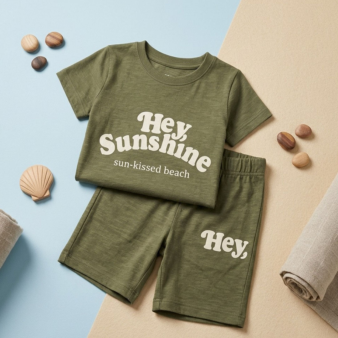 Kids' "Hey Sunshine" Slub Cotton T-Shirt & Shorts Set – Olive Green