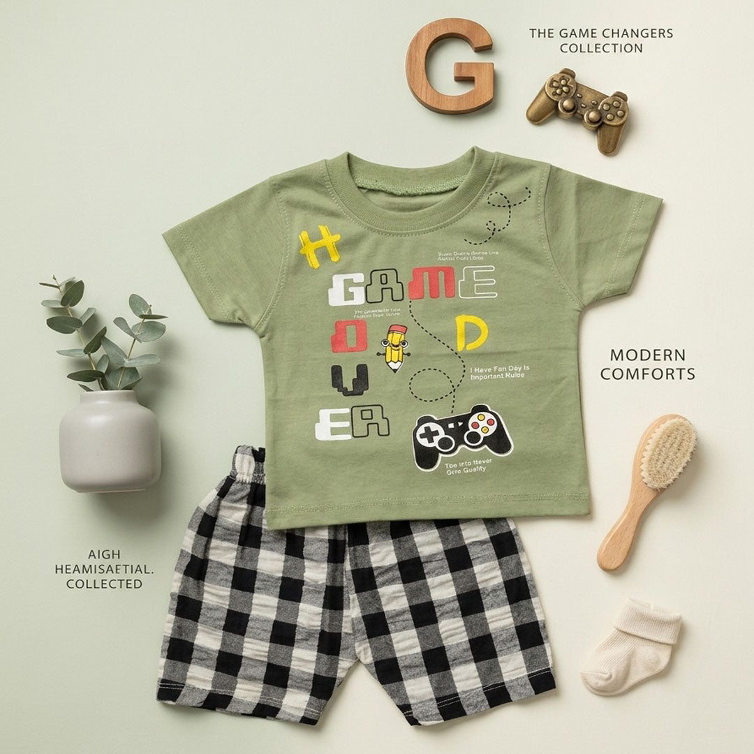 Kids' "Game Over" Graphic T-Shirt & Gingham Shorts Set – Sage Green