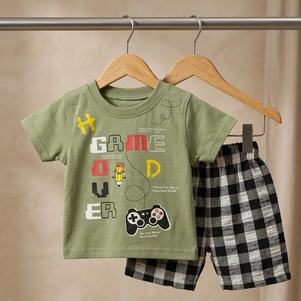 Kids' "Game Over" Graphic T-Shirt & Gingham Shorts Set – Sage Green