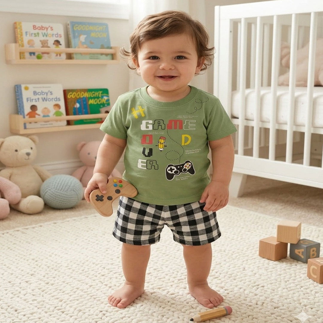Kids' "Game Over" Graphic T-Shirt & Gingham Shorts Set – Sage Green
