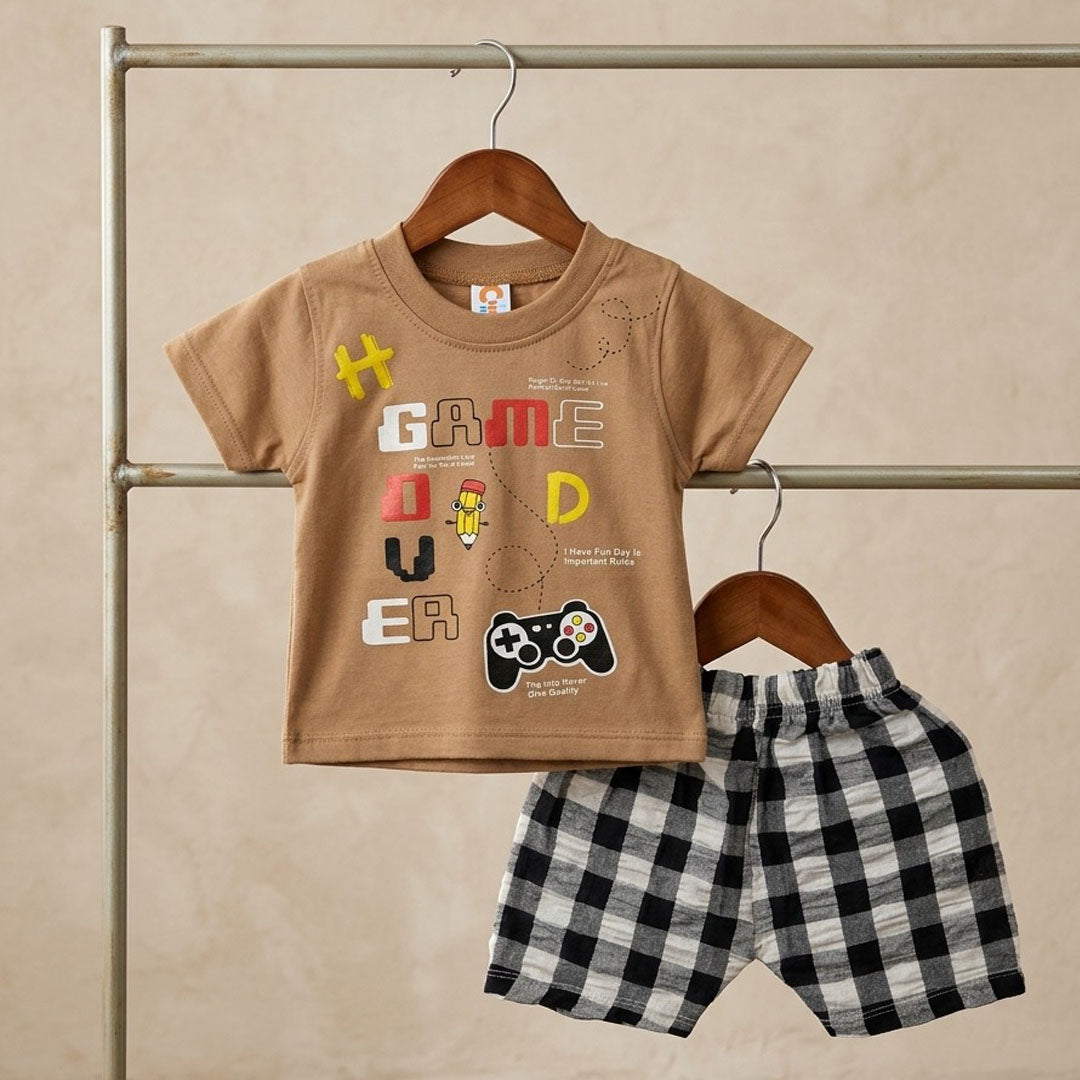 Kids' "Game Over" Graphic T-Shirt & Gingham Shorts Set – Caramel Brown