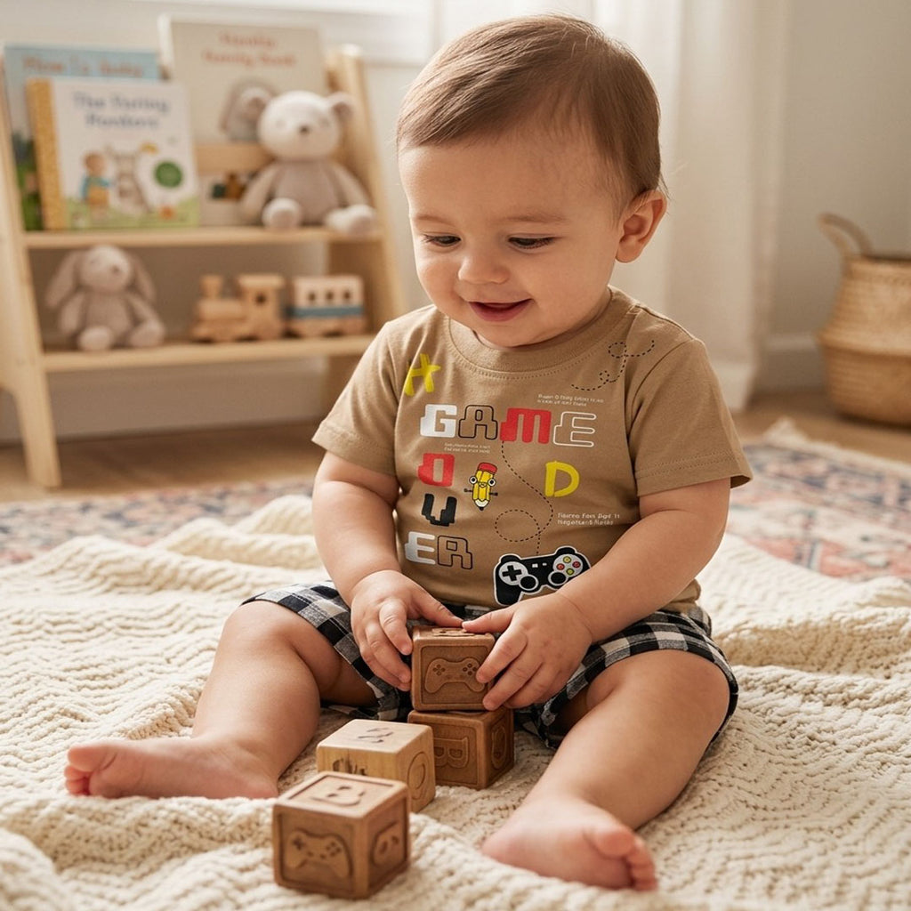 Kids' "Game Over" Graphic T-Shirt & Gingham Shorts Set – Caramel Brown