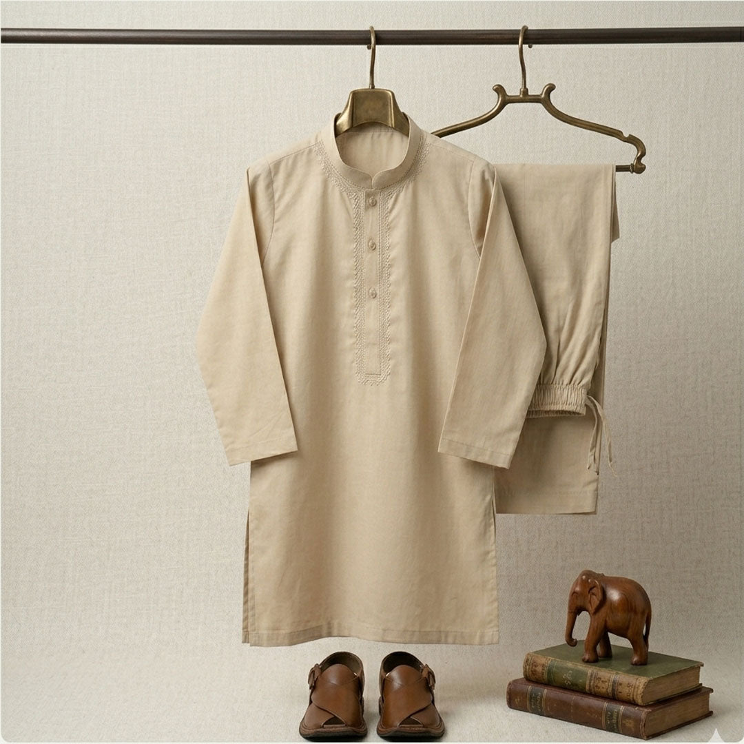 Kids' Beige Cotton Kurta Pyjama Set | Embroidered Ethnic Wear