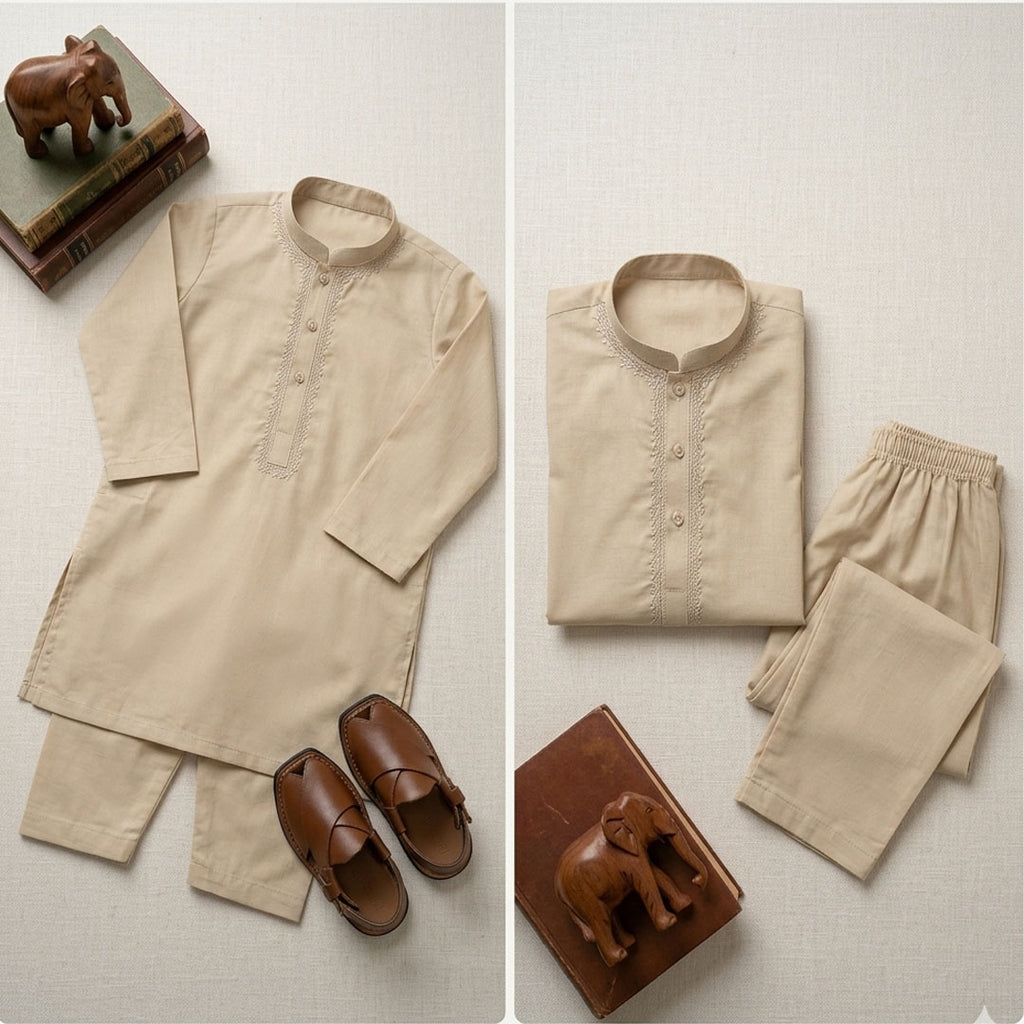 Kids' Beige Cotton Kurta Pyjama Set | Embroidered Ethnic Wear