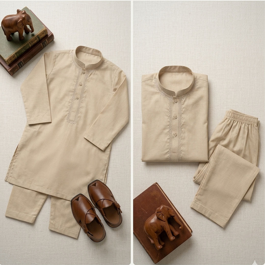 Kids' Beige Cotton Kurta Pyjama Set | Embroidered Ethnic Wear
