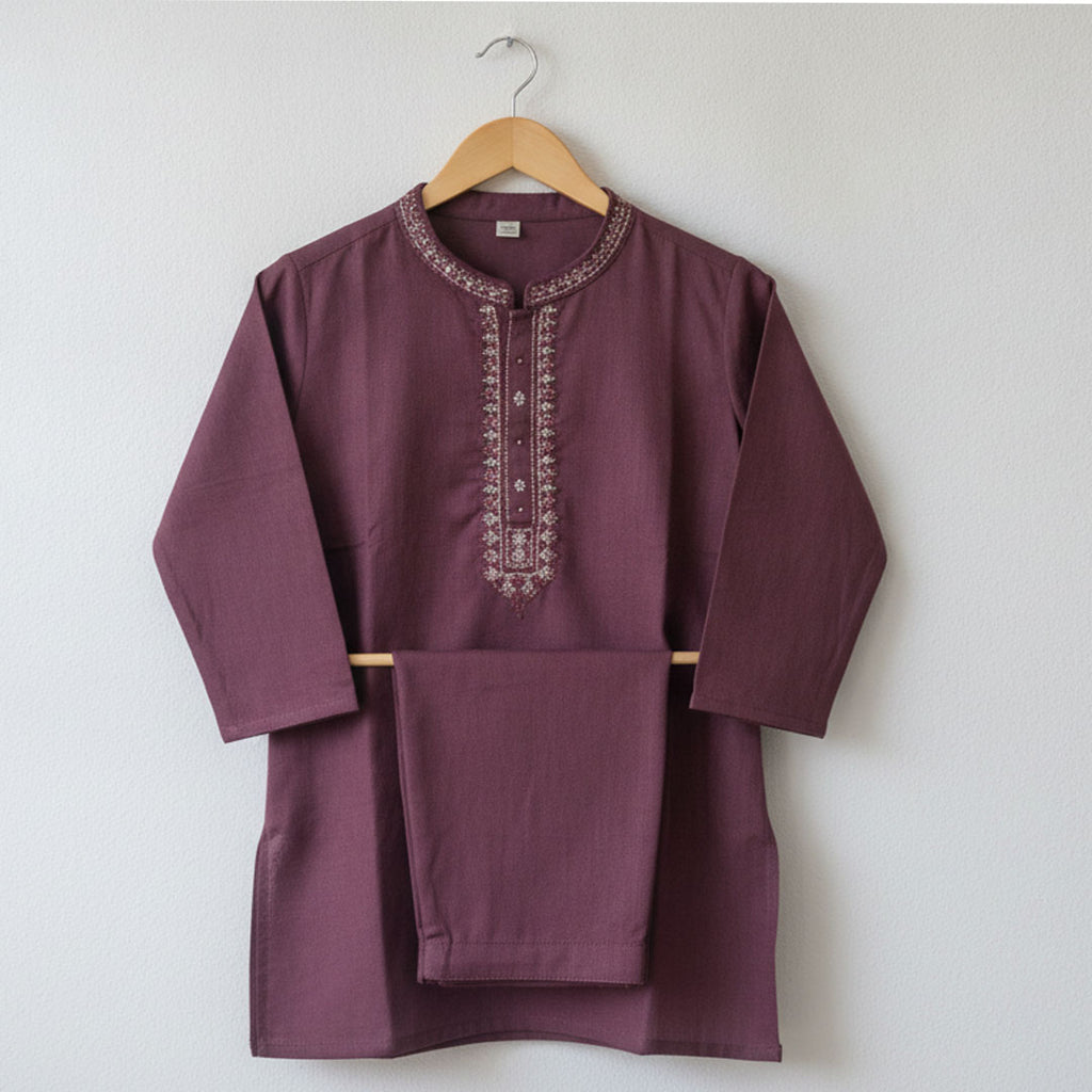 Kids' Mauve Cotton Kurta Pyjama Set | Embroidered Ethnic Wear