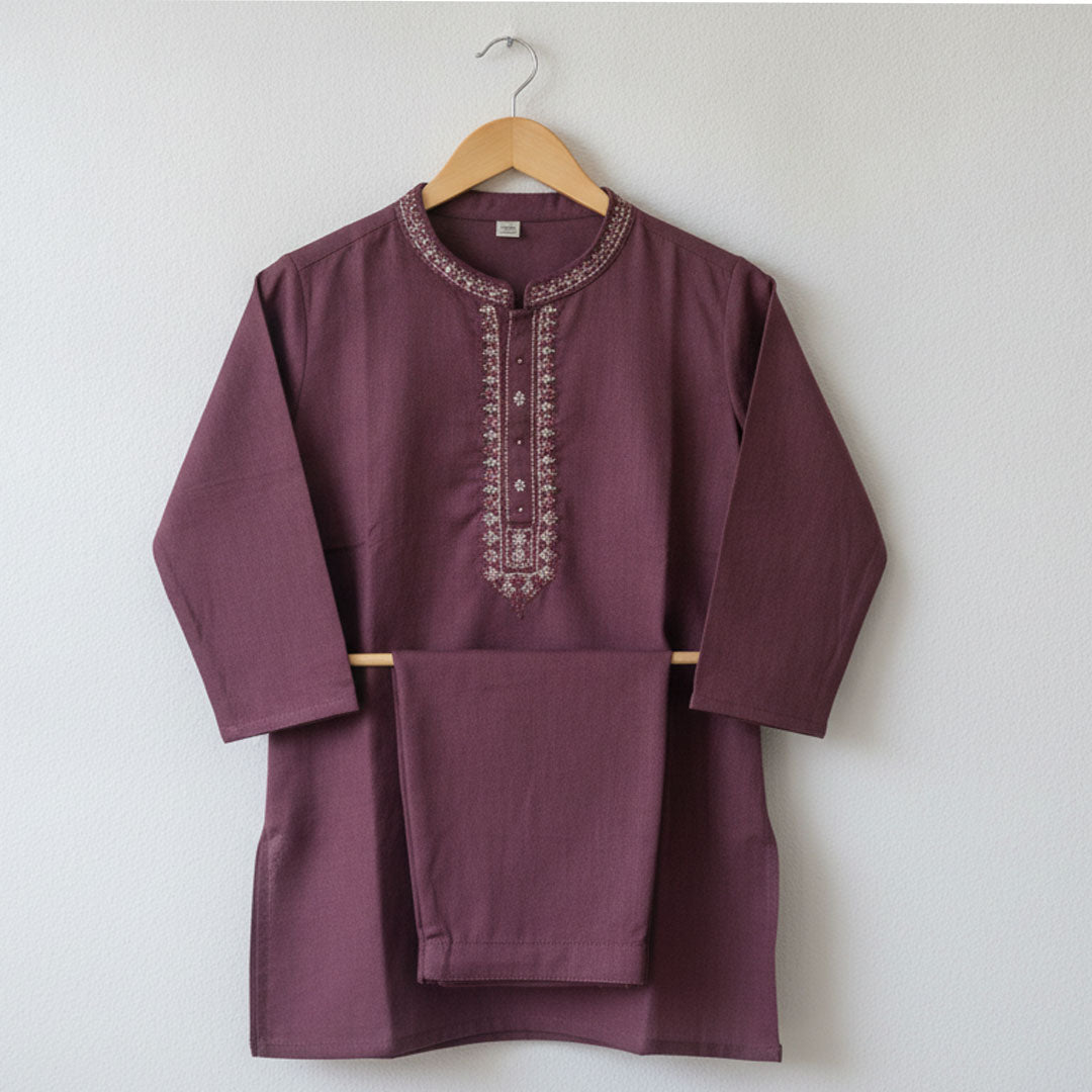 Kids' Mauve Cotton Kurta Pyjama Set | Embroidered Ethnic Wear