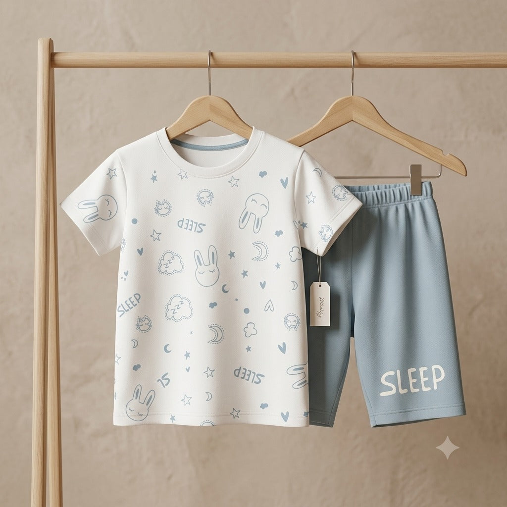 Kids' "Sleepy Bunny" T-Shirt & Shorts Set – Cream & Pastel Blue