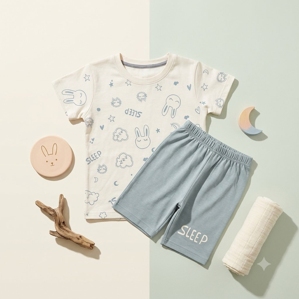 Kids' "Sleepy Bunny" T-Shirt & Shorts Set – Cream & Pastel Blue