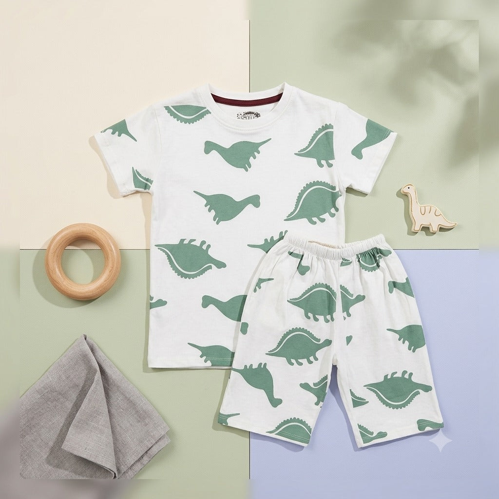 Kids' Playful Dinosaur Cotton T-Shirt & Shorts Set – Sage & White
