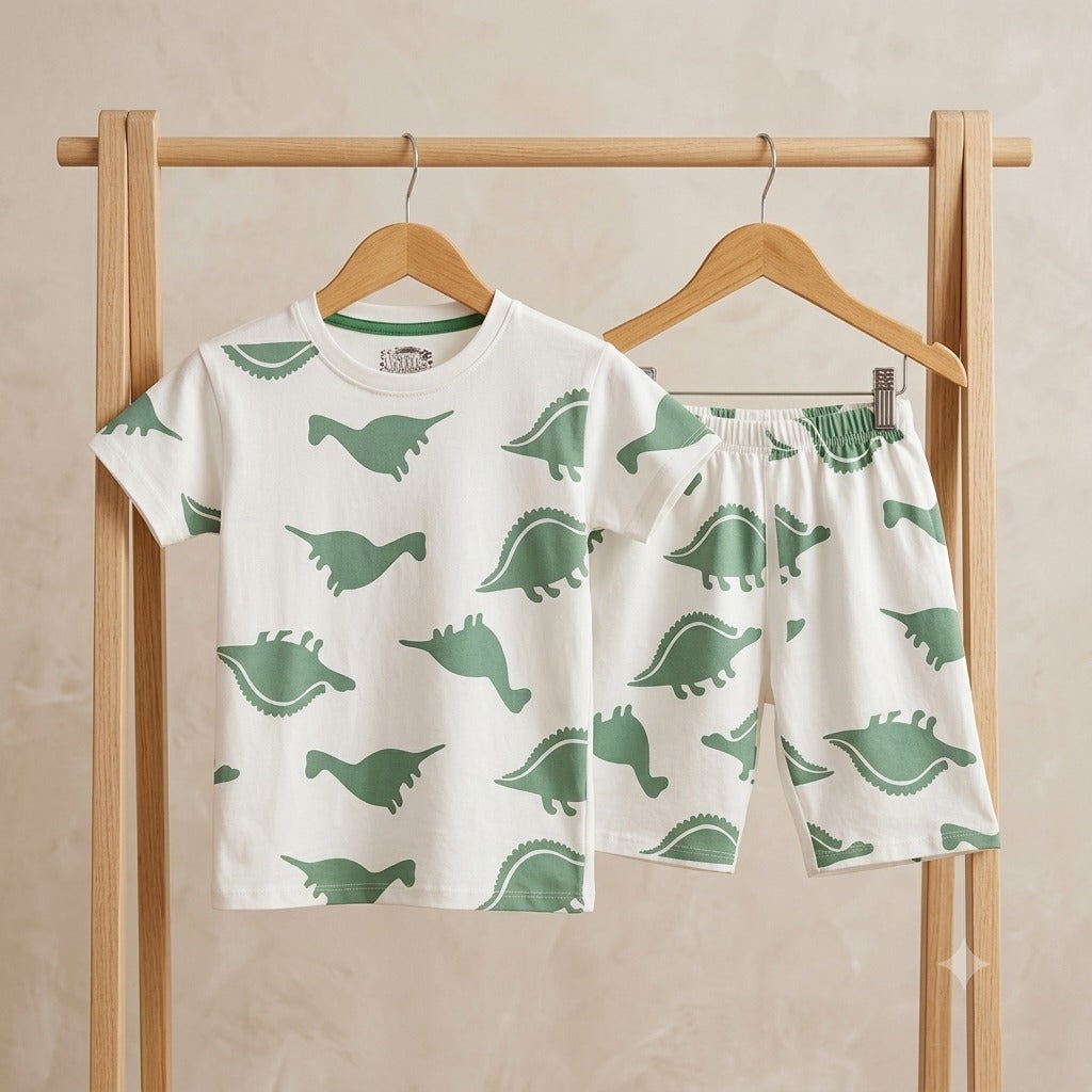 Kids' Playful Dinosaur Cotton T-Shirt & Shorts Set – Sage & White