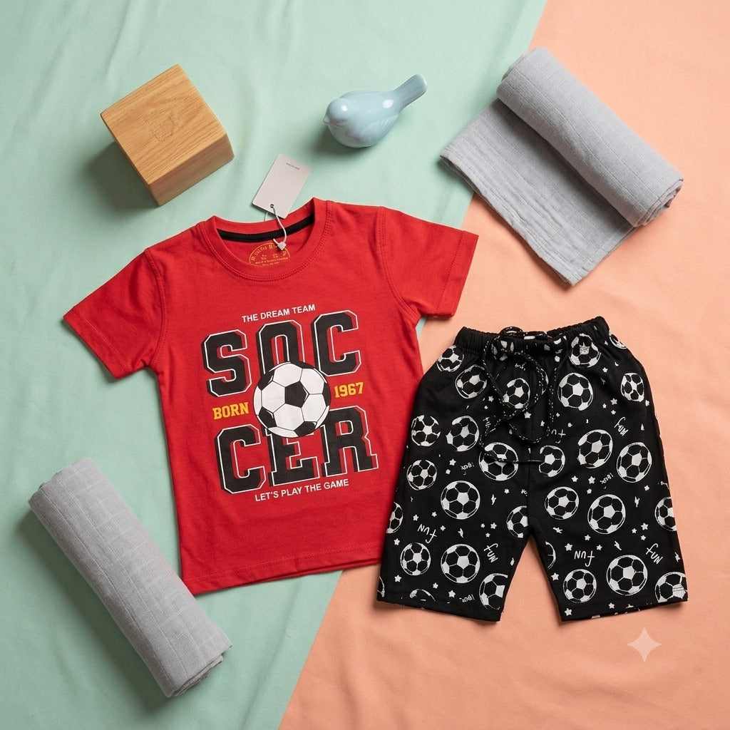 Kids' Graphic Soccer T-Shirt & Printed Shorts Set – Vibrant Red & Black