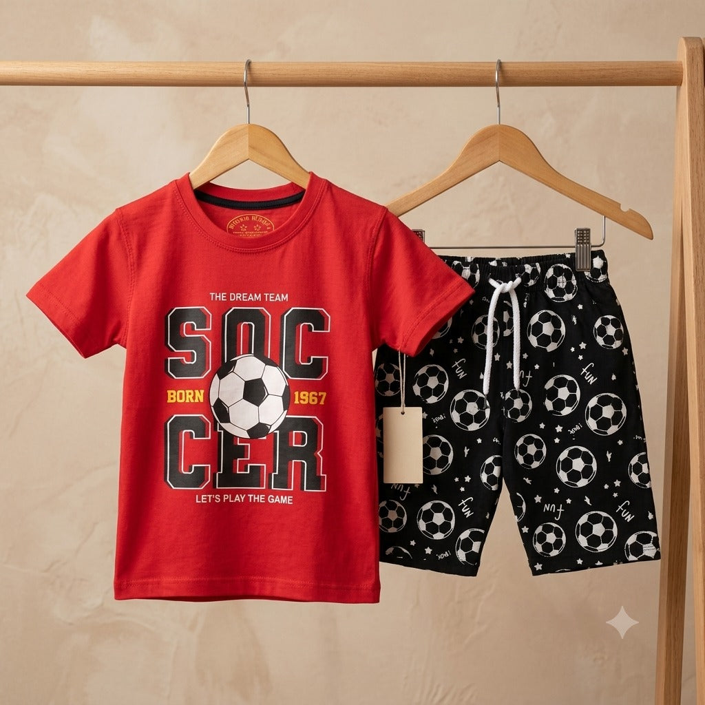 Kids' Graphic Soccer T-Shirt & Printed Shorts Set – Vibrant Red & Black