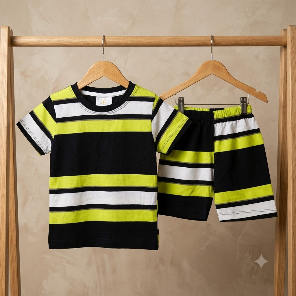 Kids' Vibrant Multi-Stripe T-Shirt & Shorts Set – Lime, Black & White