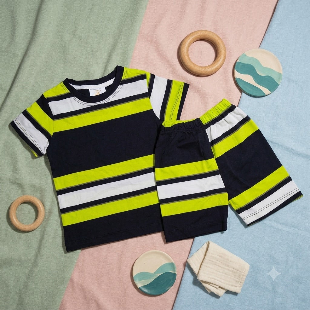 Kids' Vibrant Multi-Stripe T-Shirt & Shorts Set – Lime, Black & White