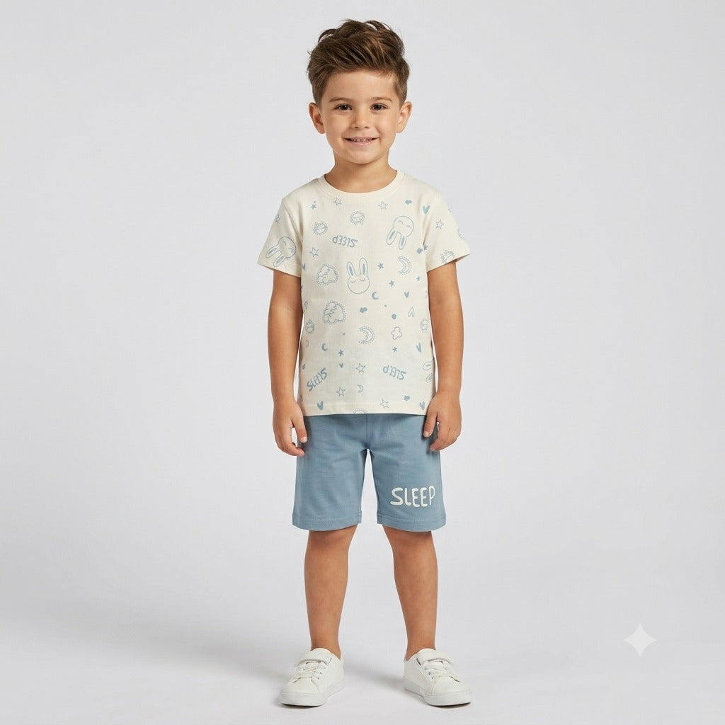 Kids' "Sleepy Bunny" T-Shirt & Shorts Set – Cream & Pastel Blue