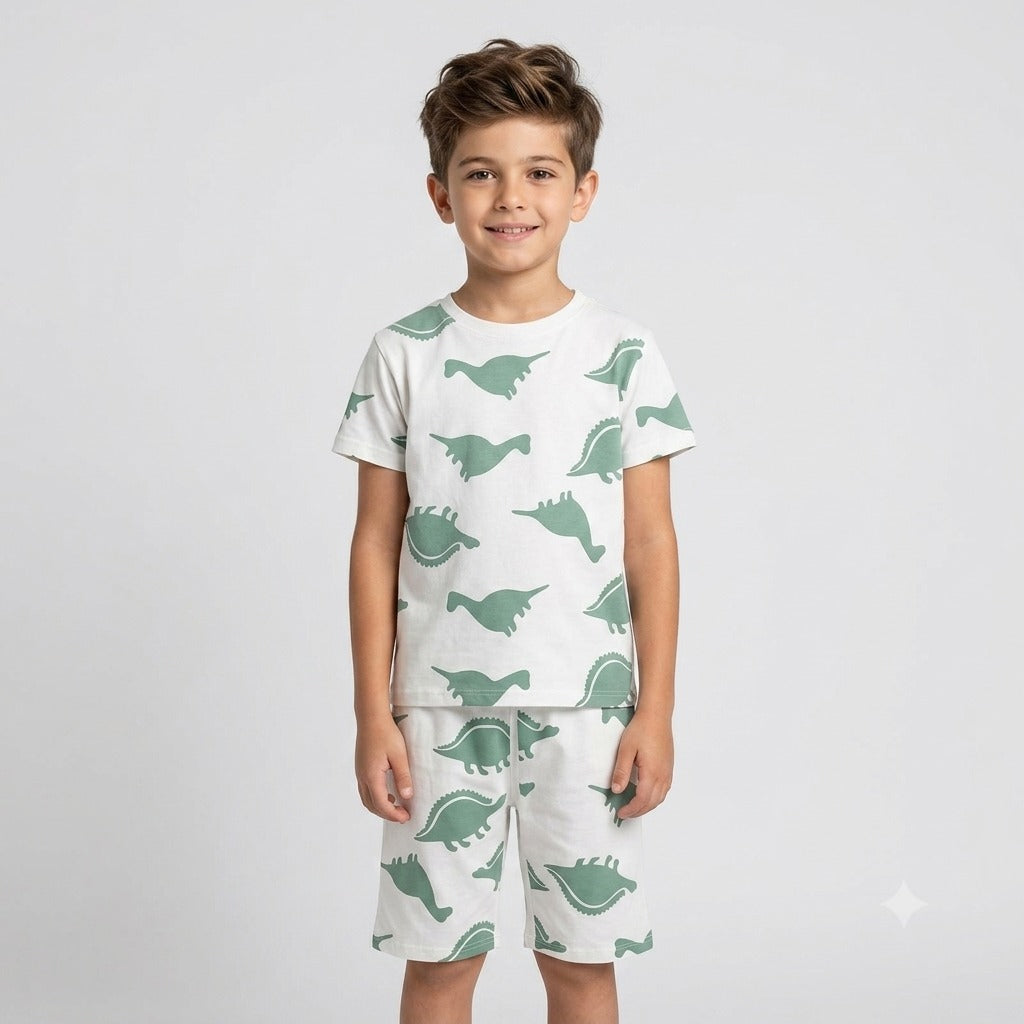 Kids' Playful Dinosaur Cotton T-Shirt & Shorts Set – Sage & White