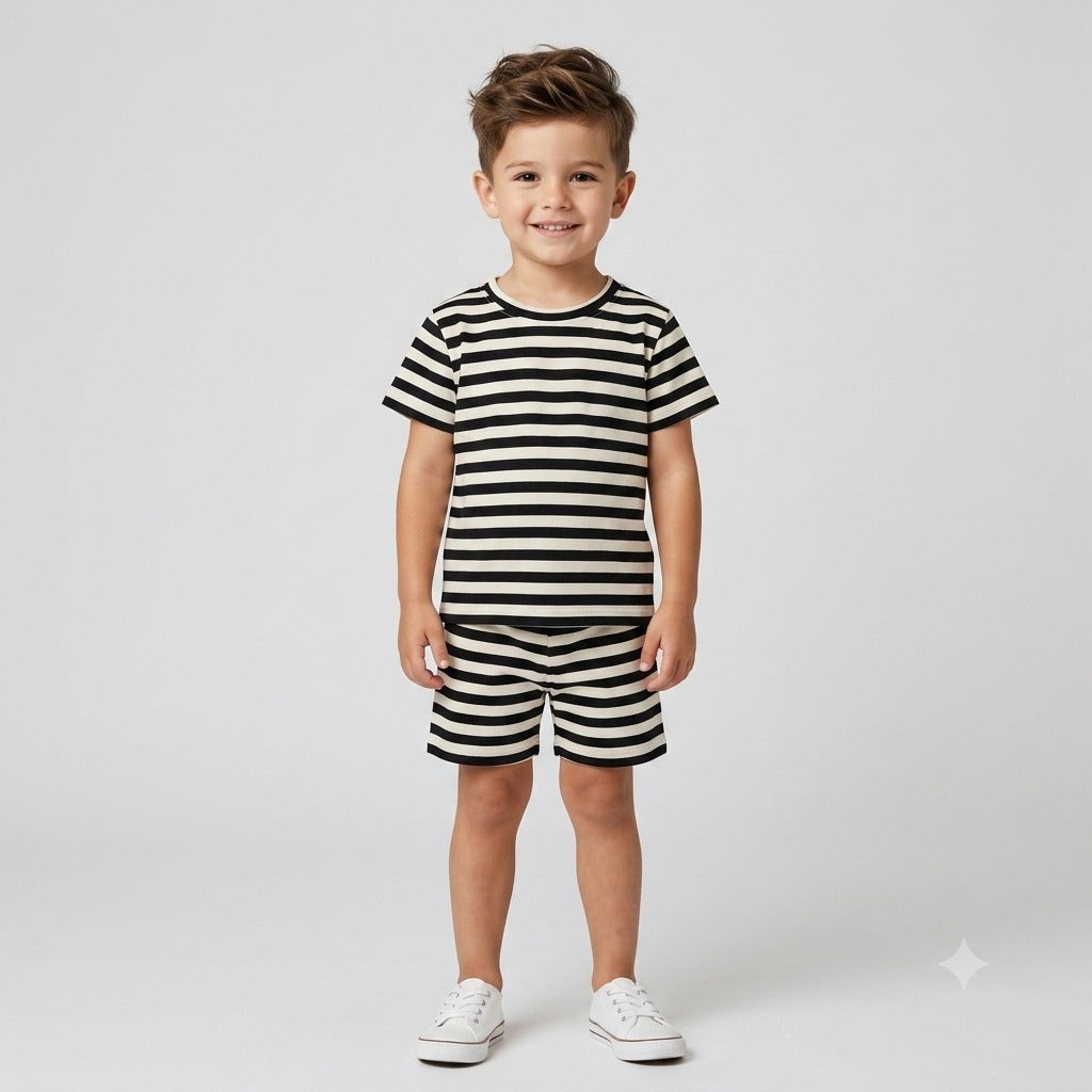 Kids' Nautical Stripe T-Shirt & Shorts Set – Black & White