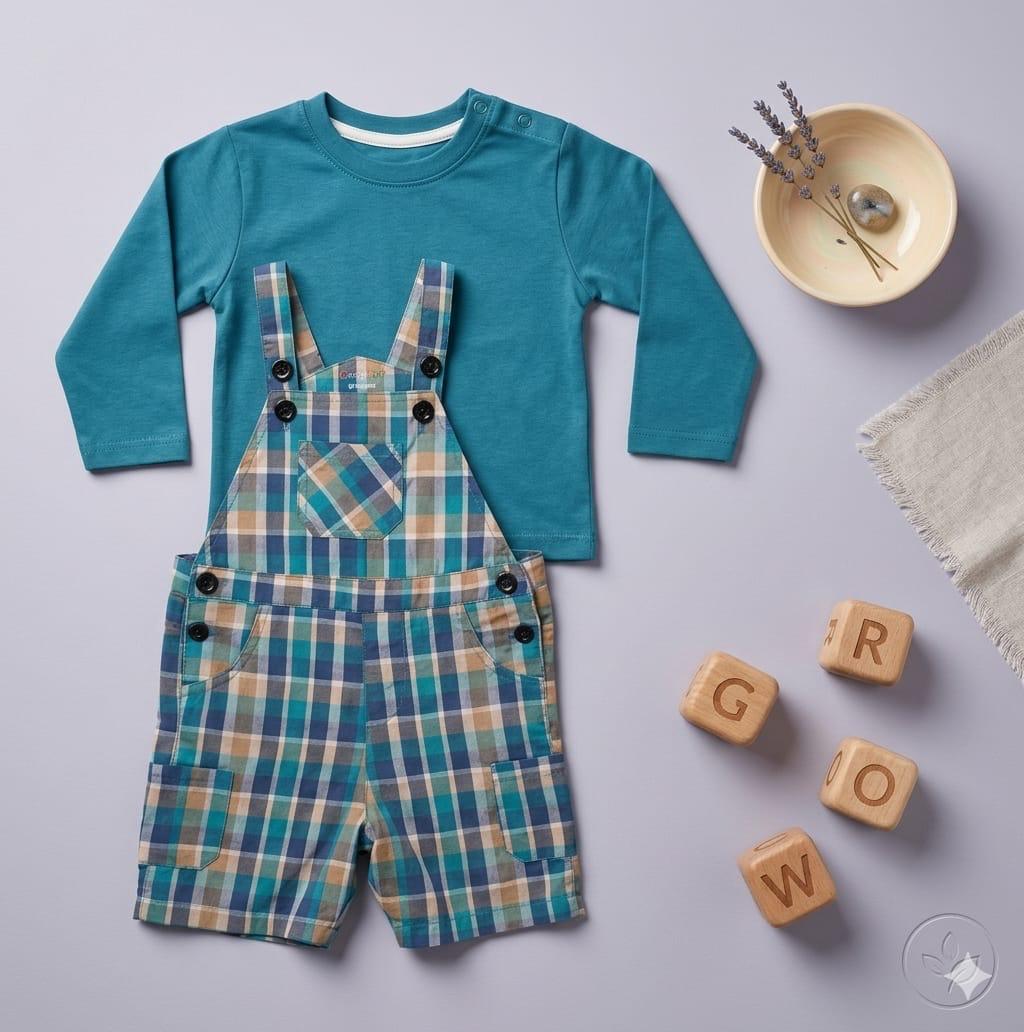 The Mason Plaid Overall Teal Long-Sleeve Two-Piece Set