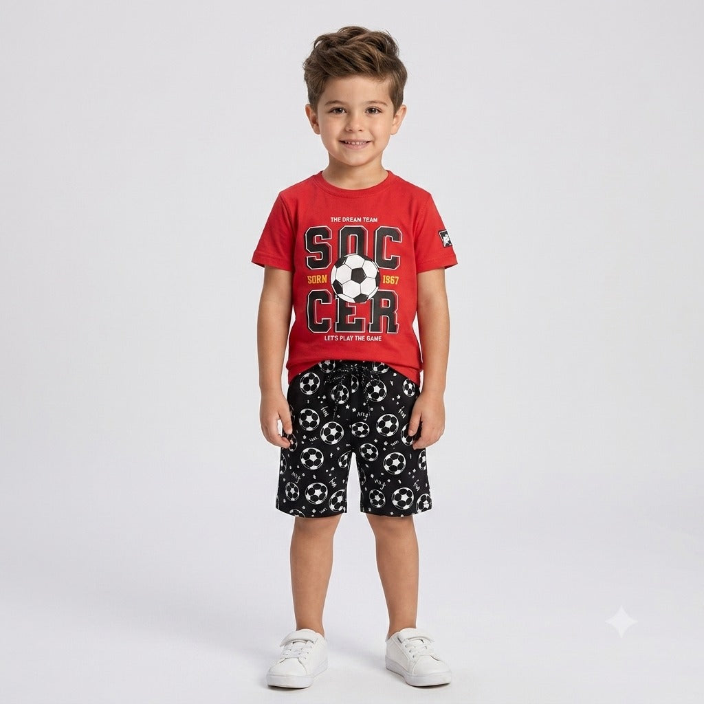 Kids' Graphic Soccer T-Shirt & Printed Shorts Set – Vibrant Red & Black
