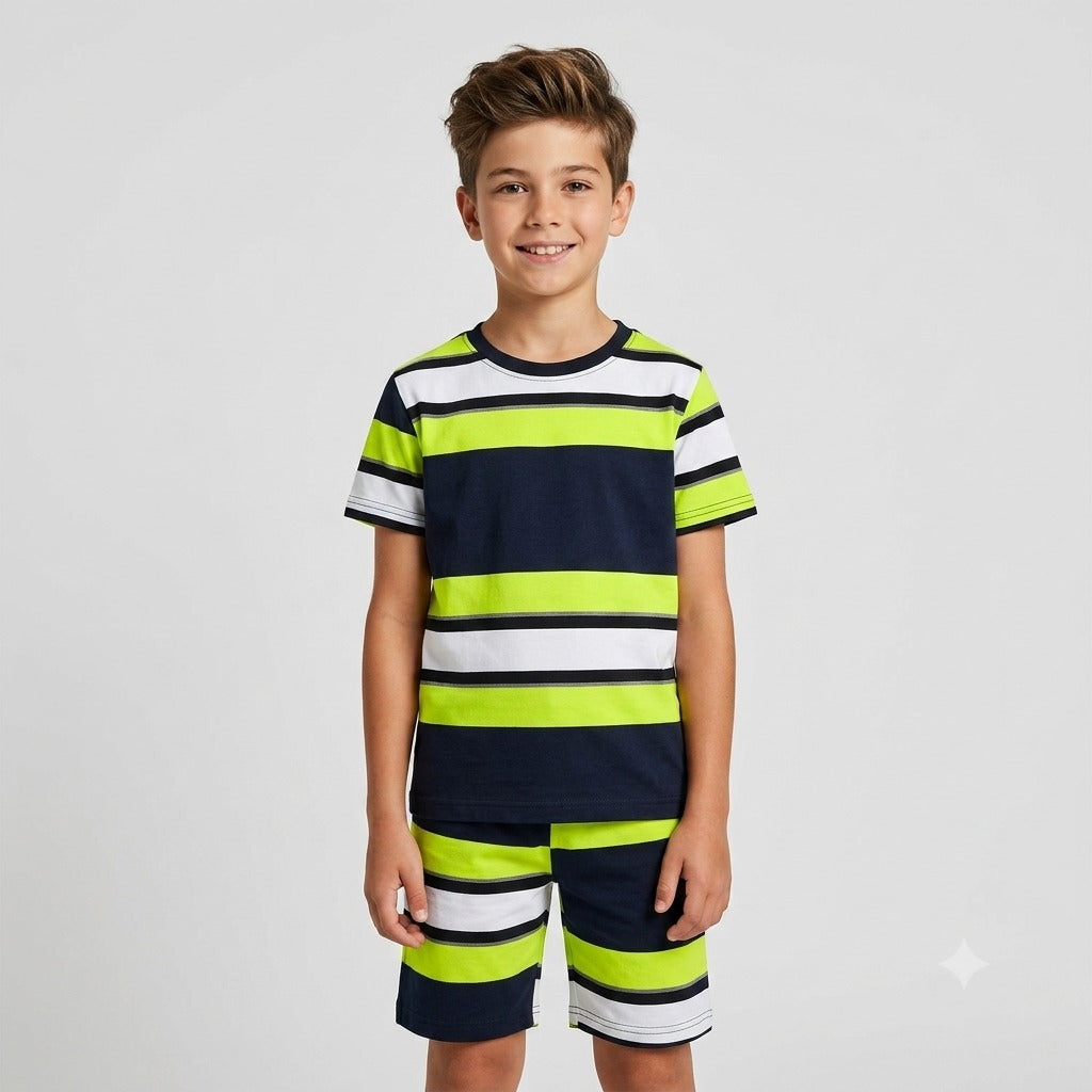 Kids' Vibrant Multi-Stripe T-Shirt & Shorts Set – Lime, Black & White