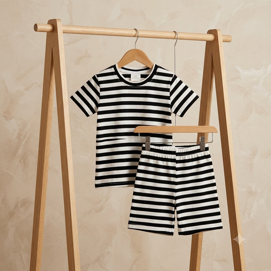 Kids' Nautical Stripe T-Shirt & Shorts Set – Black & White