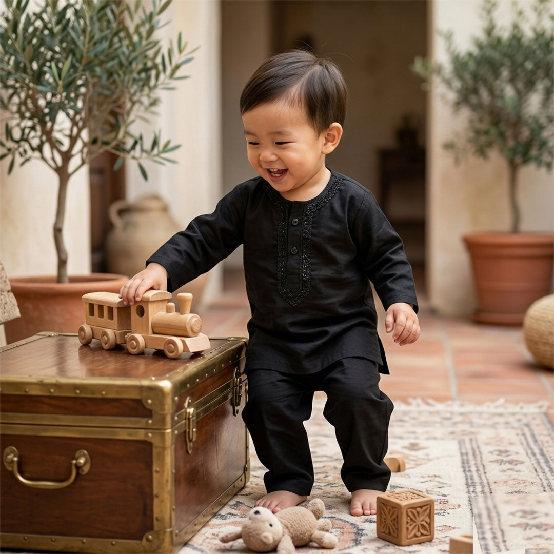 Kids' Jet Black Cotton Kurta Pyjama Set | Embroidered Ethnic Wear