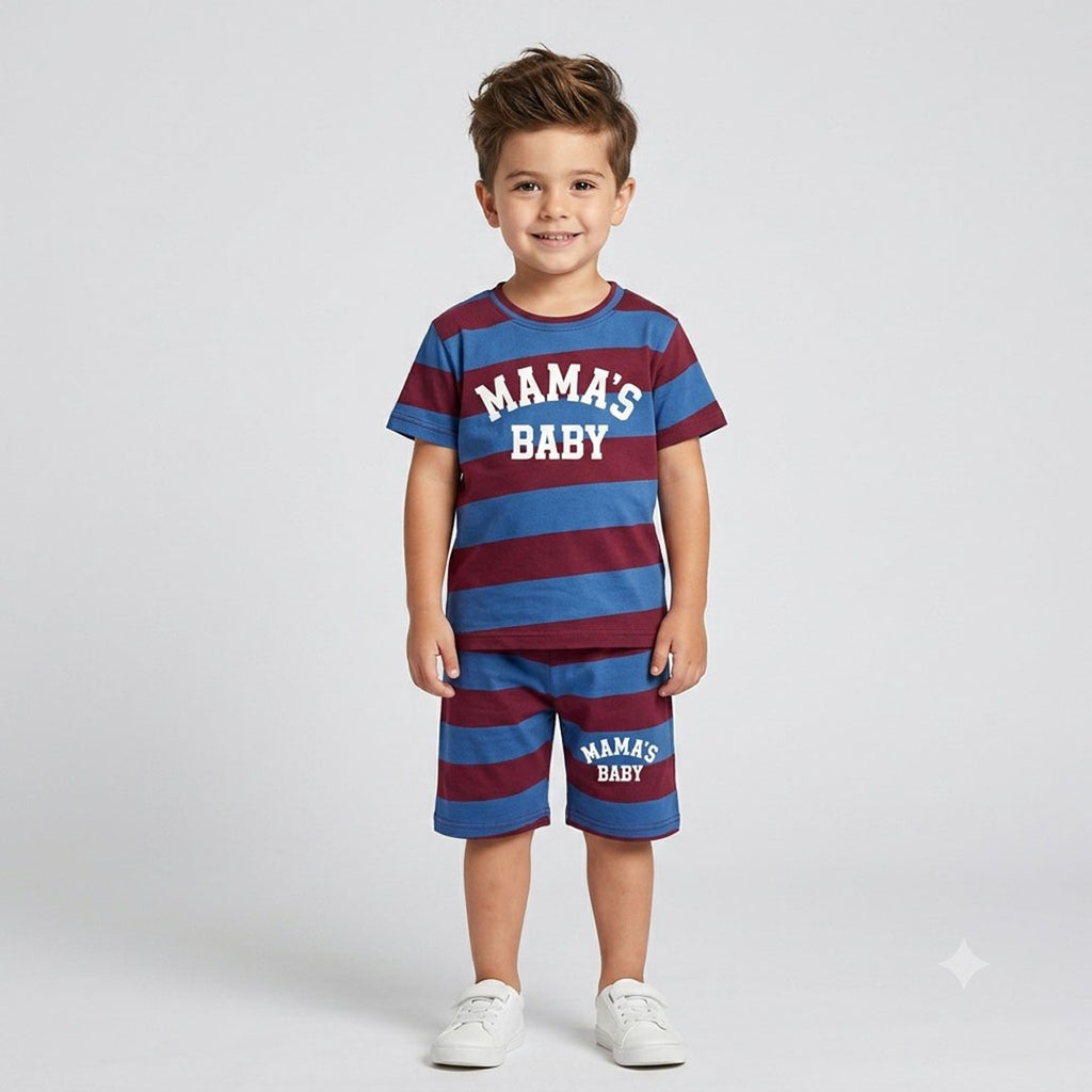 Kids' "Mama's Baby" Striped T-Shirt & Shorts Set – Blue & Maroon