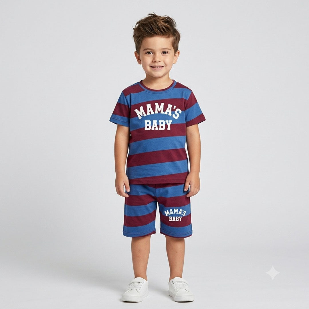 Kids' "Mama's Baby" Striped T-Shirt & Shorts Set – Blue & Maroon