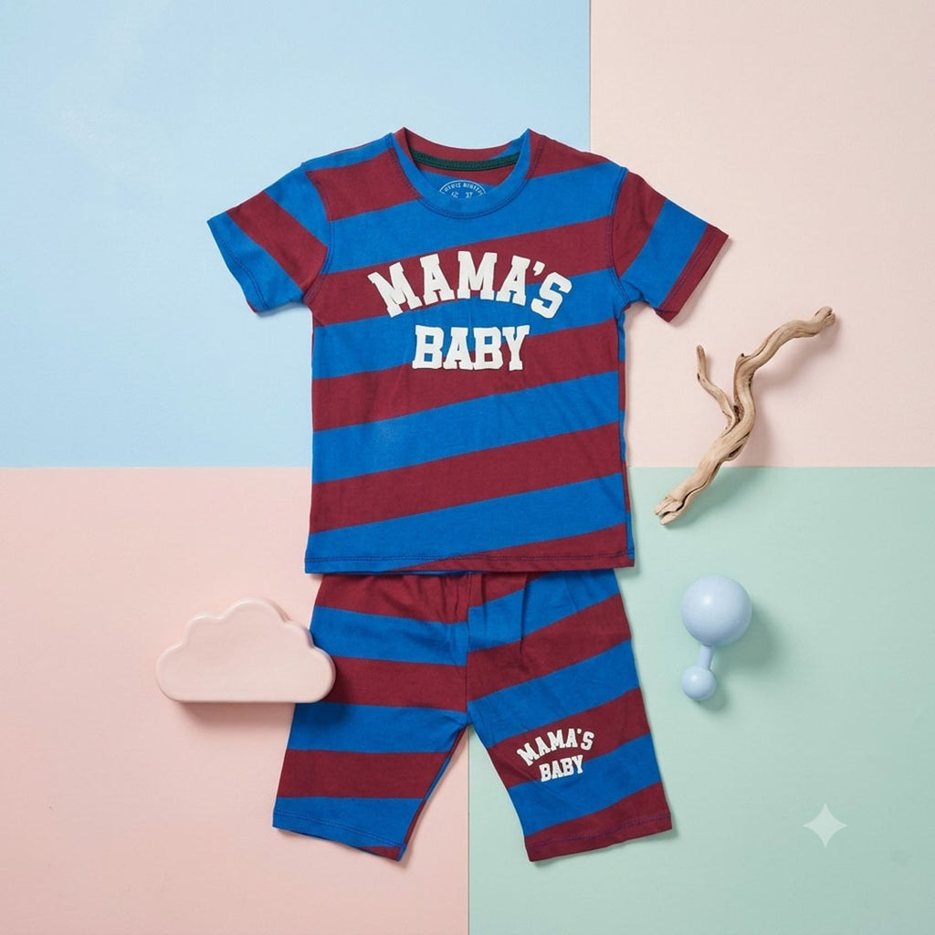 Kids' "Mama's Baby" Striped T-Shirt & Shorts Set – Blue & Maroon