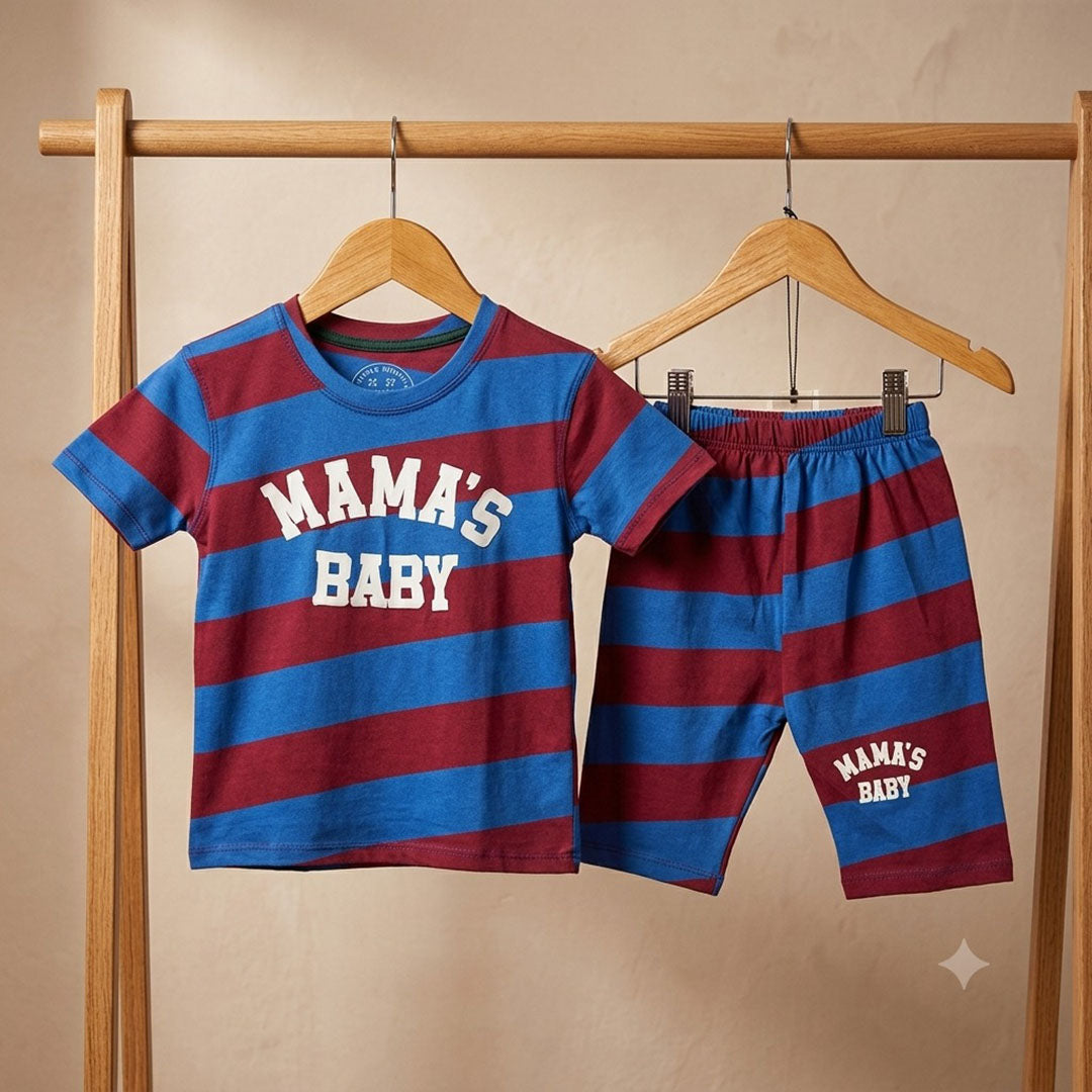 Kids' "Mama's Baby" Striped T-Shirt & Shorts Set – Blue & Maroon