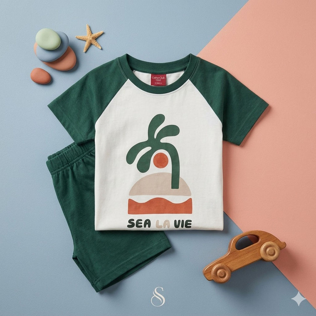 Kids' "Sea La Vie" Raglan T-Shirt & Shorts Set – Forest Green & White