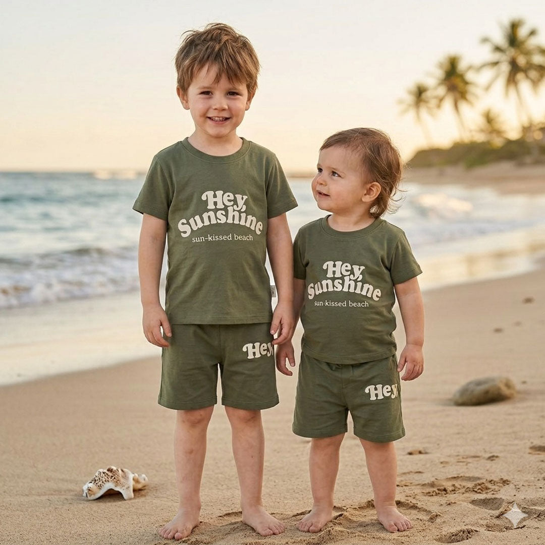 Kids' "Hey Sunshine" Slub Cotton T-Shirt & Shorts Set – Olive Green