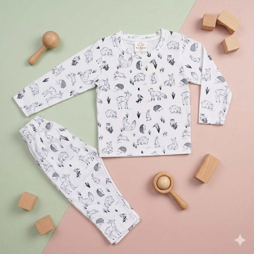 Kids' Woodland Animals Long-Sleeve Pajama Set – Crisp White
